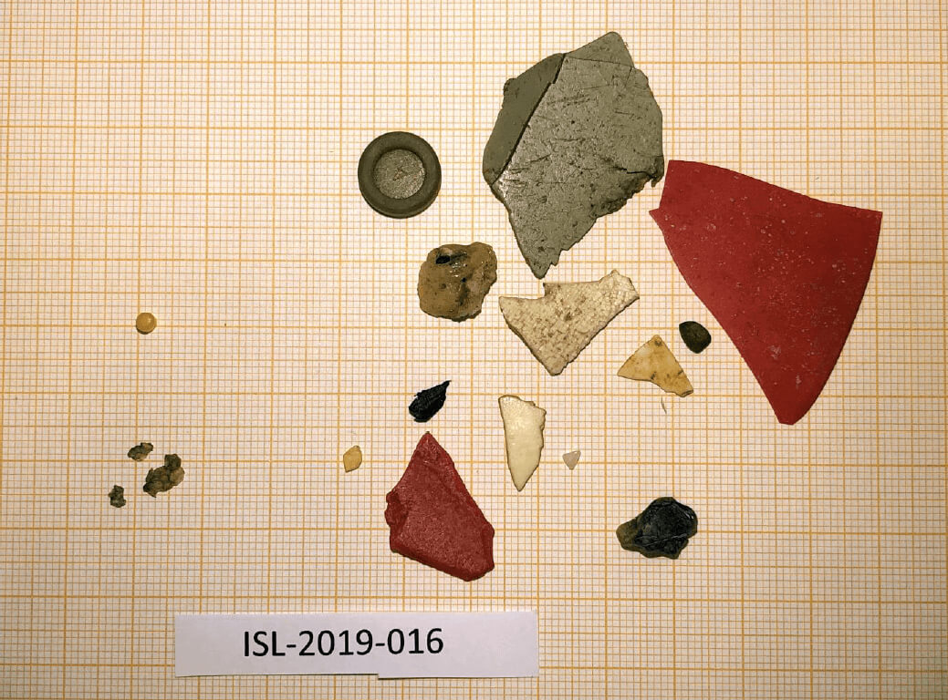 Plast sem fannst í meltingarfærum eins fýls árið 2019 ofan á millimetrapappír Plast sem fannst í meltingarfærum eins fýls árið 2019 ofan á millimetrapappír